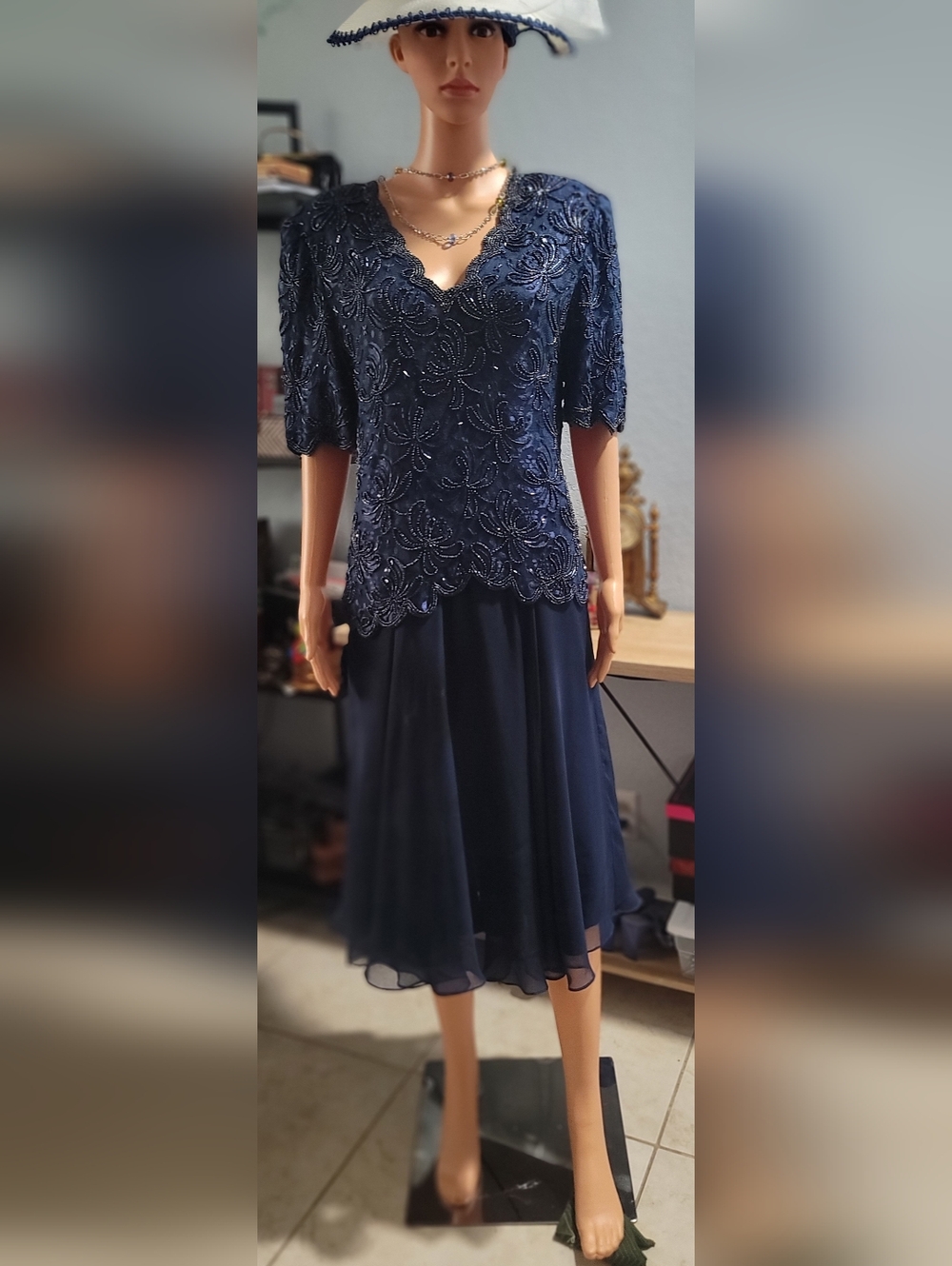 Laurence Kazar Navy blue chiffon dress with beaded embroidery